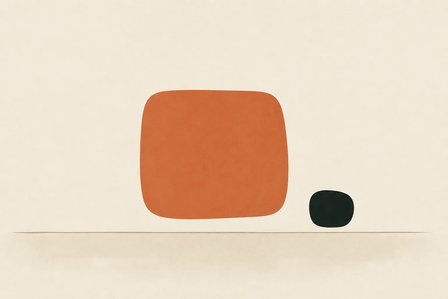 A held abstract composition on warm paper — a generous terracotta clay form with a smaller deep-neutral form settled at its lower right, above a calm horizon line.